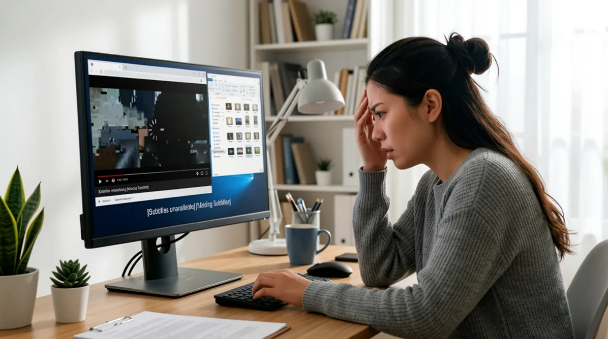 A woman sitting at a home-office desk with her hand to her head, looking at a monitor where a video is playing back heavily pixelated with a loading spinner and an on-screen notice that subtitles are unavailable